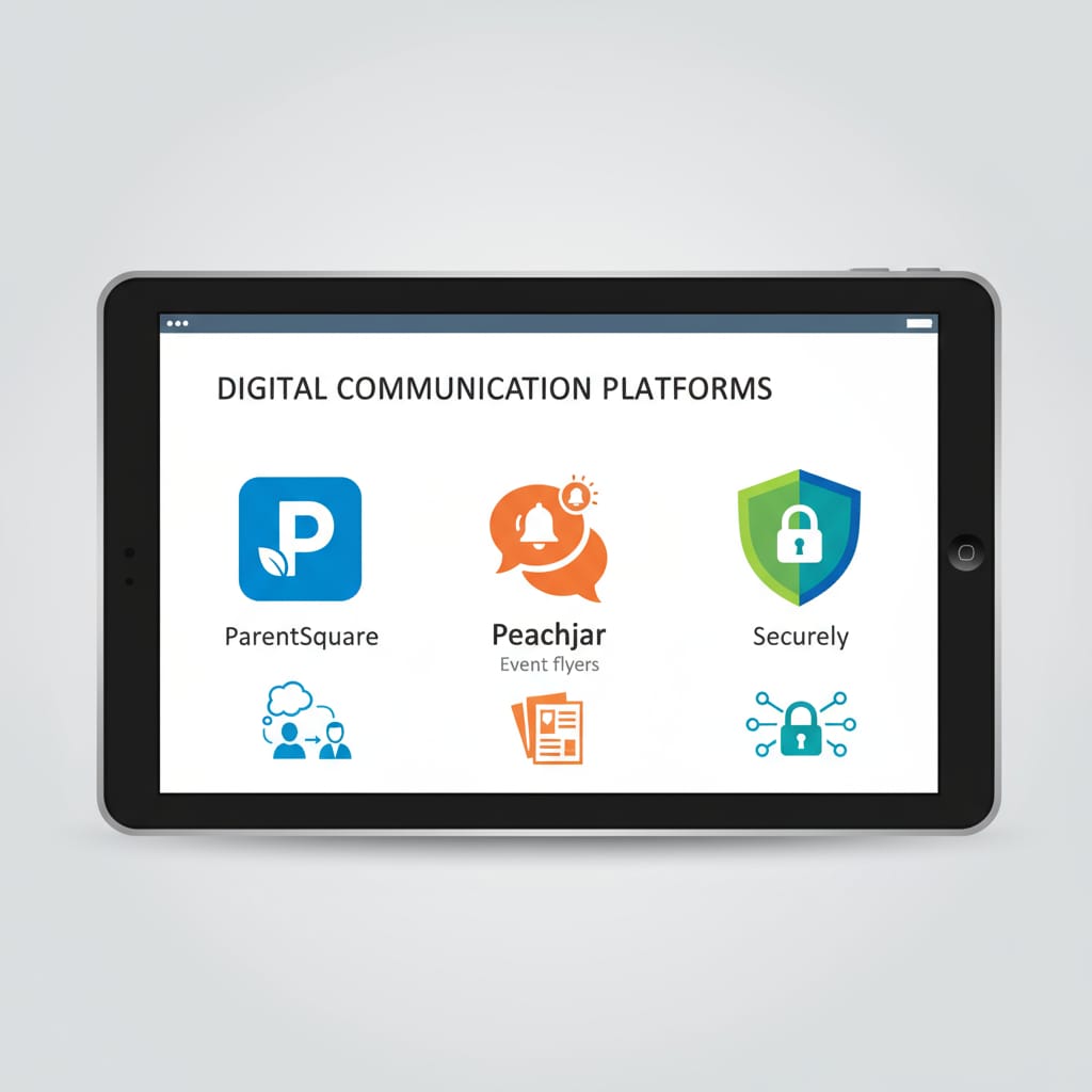 Digital communication platforms used in K12 education including school account systems, ParentSquare, Peachjar, and Securely