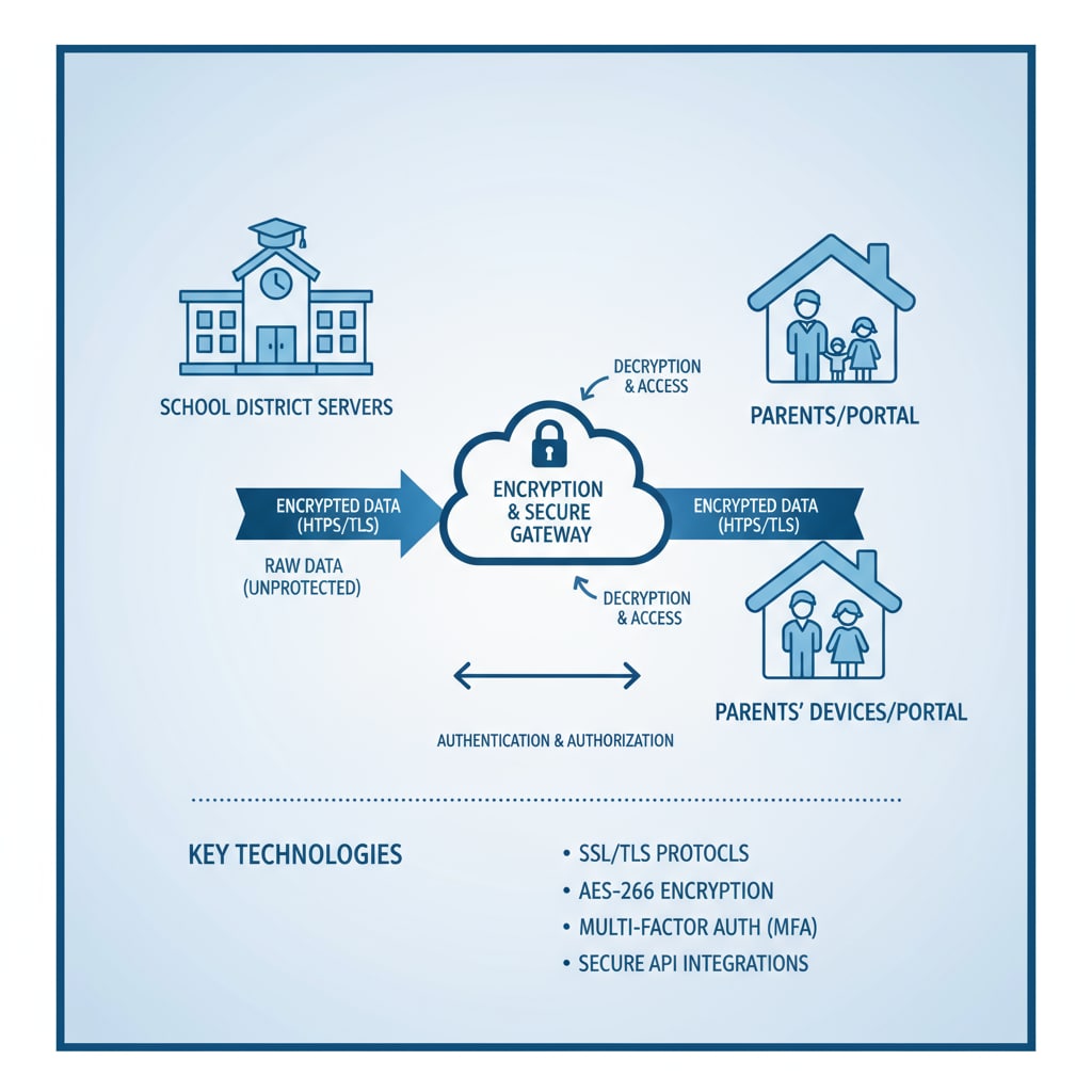 The security features and data flow of Securely in the context of school and parent communication along with other platforms like school account systems, ParentSquare, and Peachjar