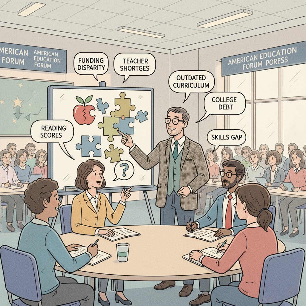 People at an educational seminar discussing American education system's cultural defects and public awareness