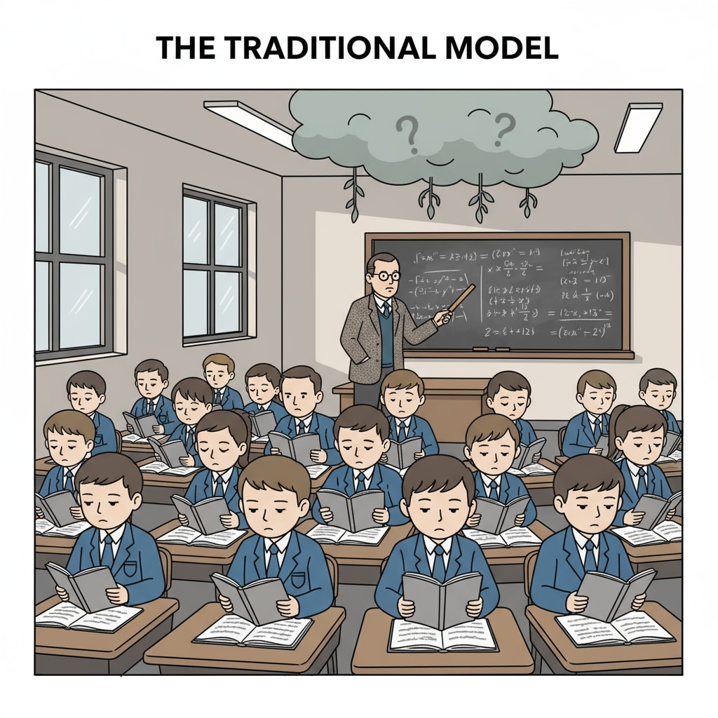 A classroom with passive students, showing the impact of the school system on curiosity
