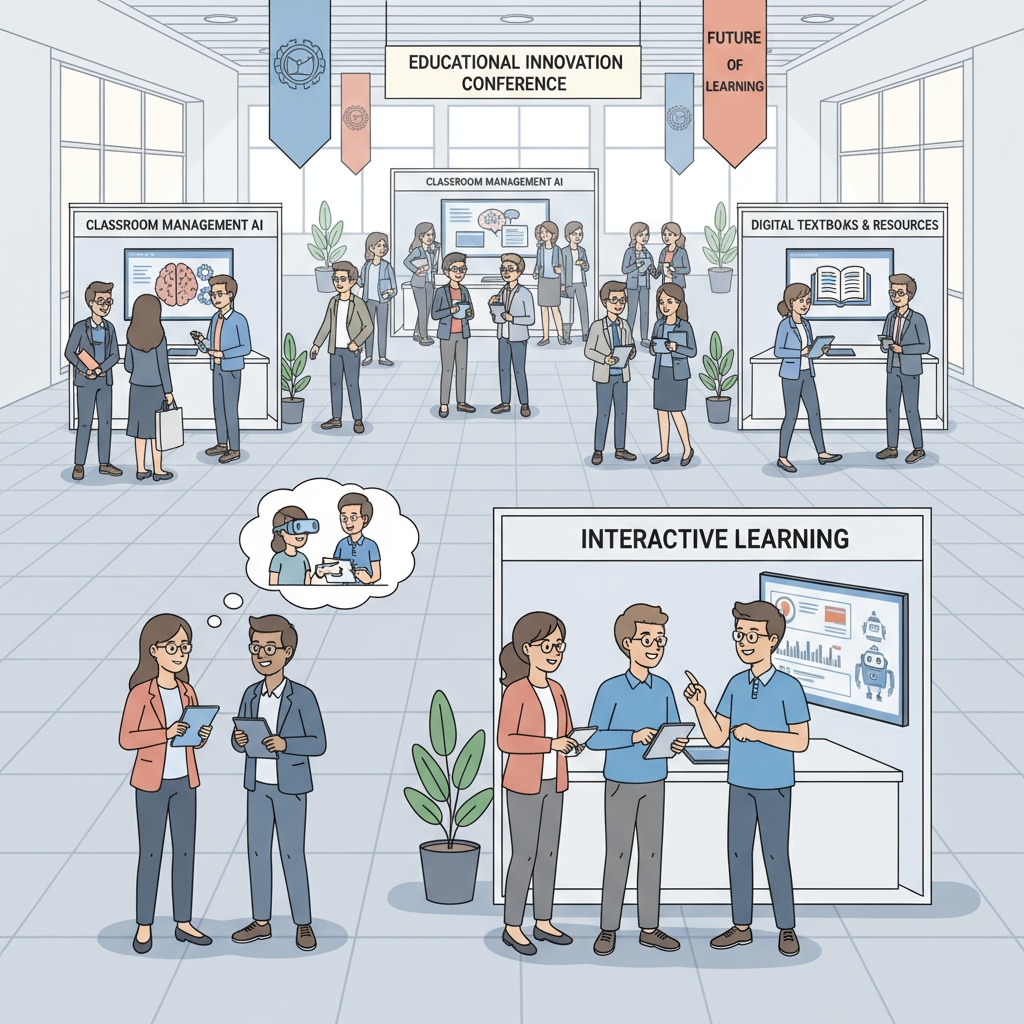 Teachers at an educational conference exploring educational technology for professional development and resource acquisition