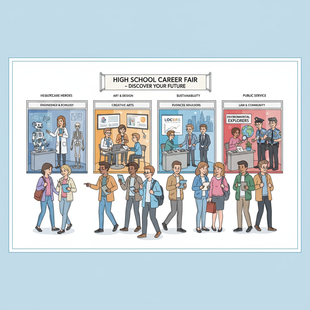 High school students exploring career opportunities at a career fair, getting exposed to different employment prospects.