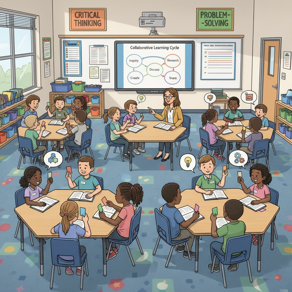A classroom scene where students are actively engaged in discussions, with the teacher guiding them in a way that reflects the new teaching methods influenced by NCLB. Classroom scene influenced by NCLB - related educational transformation and accountability