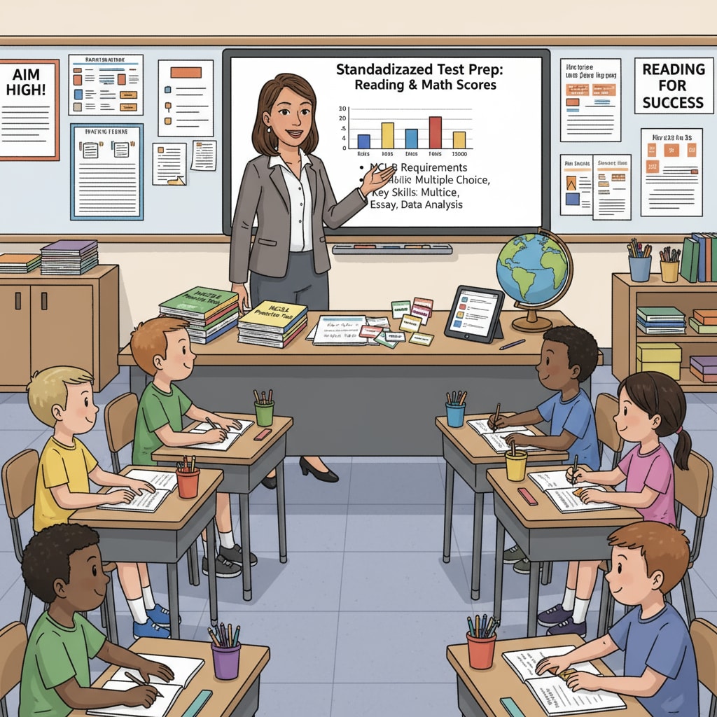 A teacher is using various teaching materials to prepare students for the standardized tests mandated by NCLB, highlighting the impact on classroom teaching. Teacher preparing students for NCLB - related standardized tests as part of educational accountability and transformation