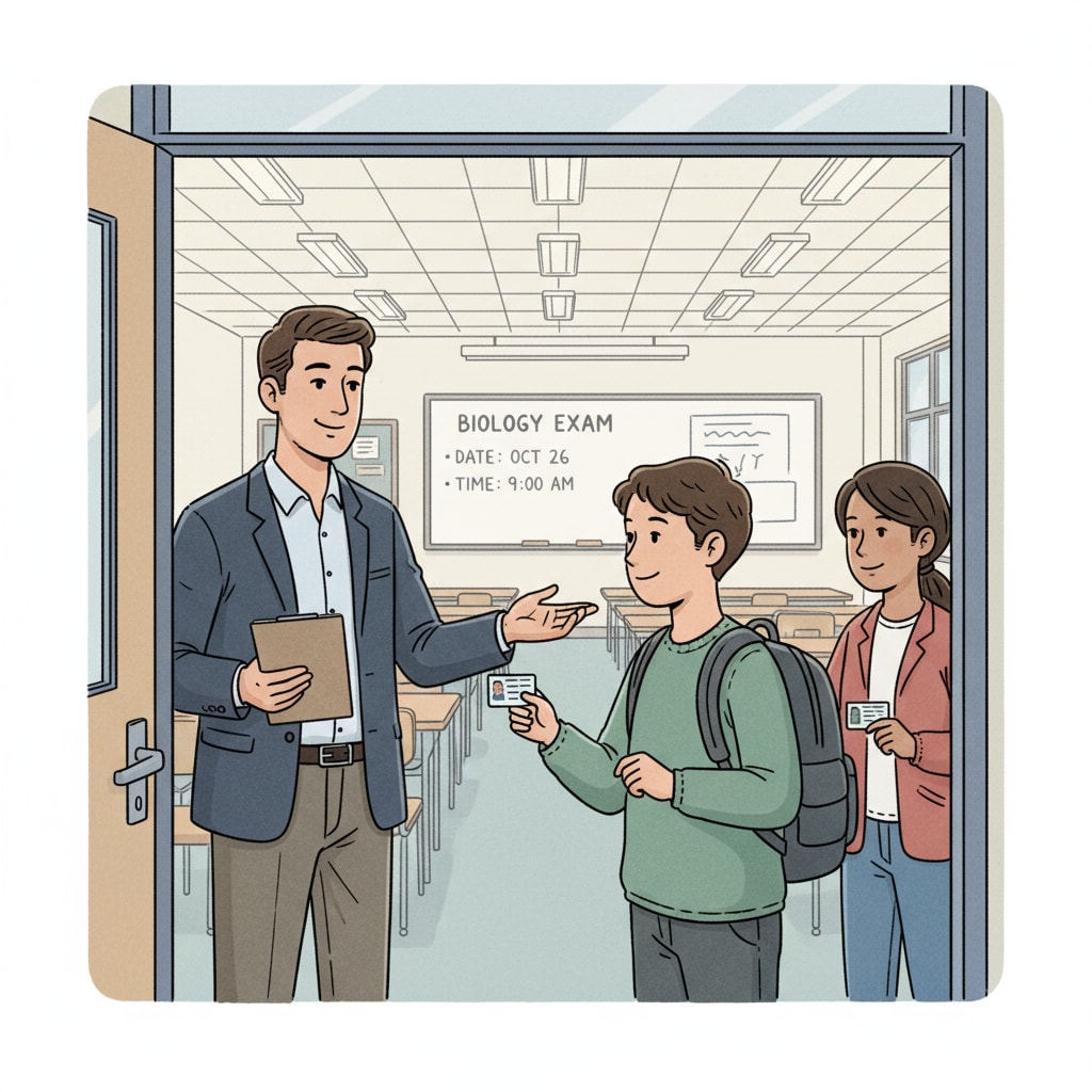 K12 test proctor verifying students' identities, related to work experience and job hunting in test proctoring.