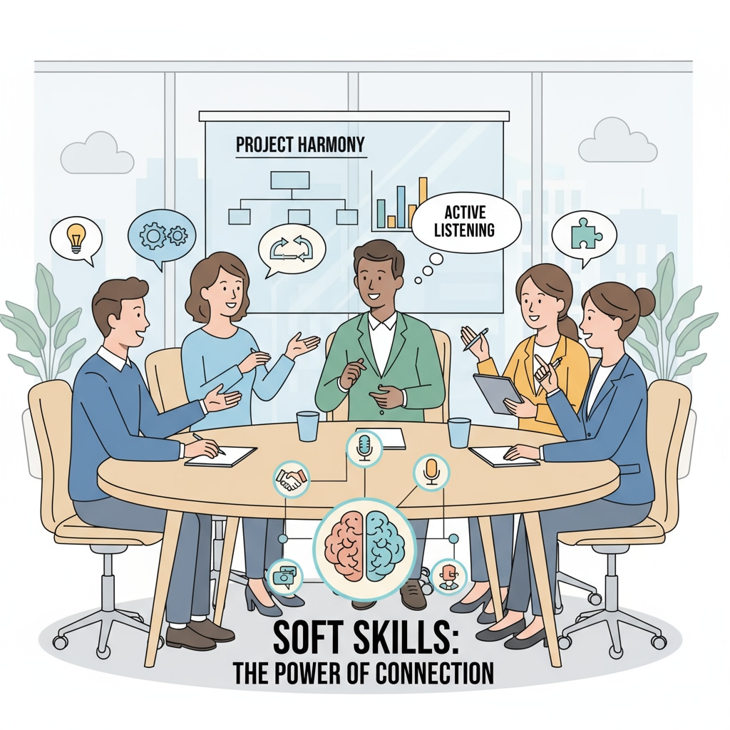 Employees communicating and collaborating in the workplace, related to soft skills for secondary education students' future