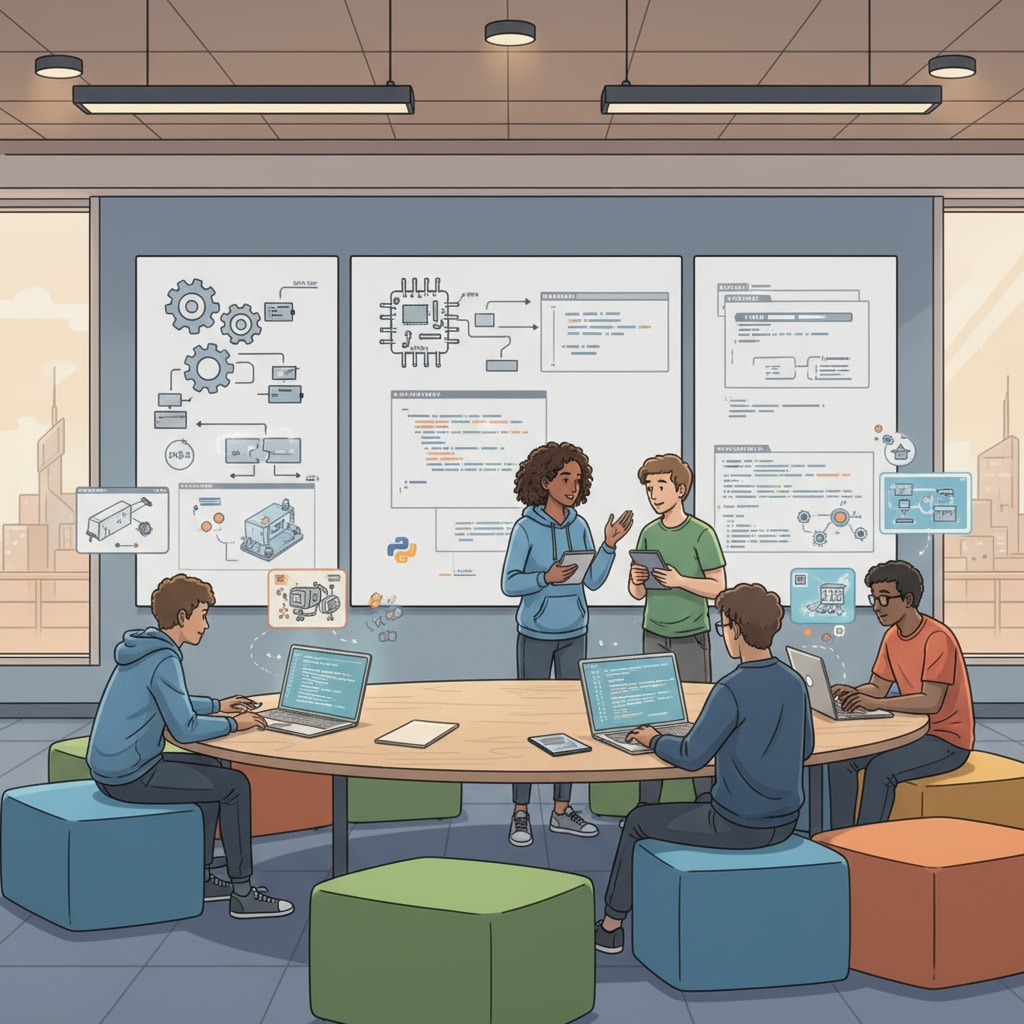 A group of students are engaged in a discussion about engineering and computer science concepts in a modern, non-traditional learning space. There are whiteboards with diagrams and laptops open, showing code snippets. Students exploring engineering and computer science in an alternative learning environment