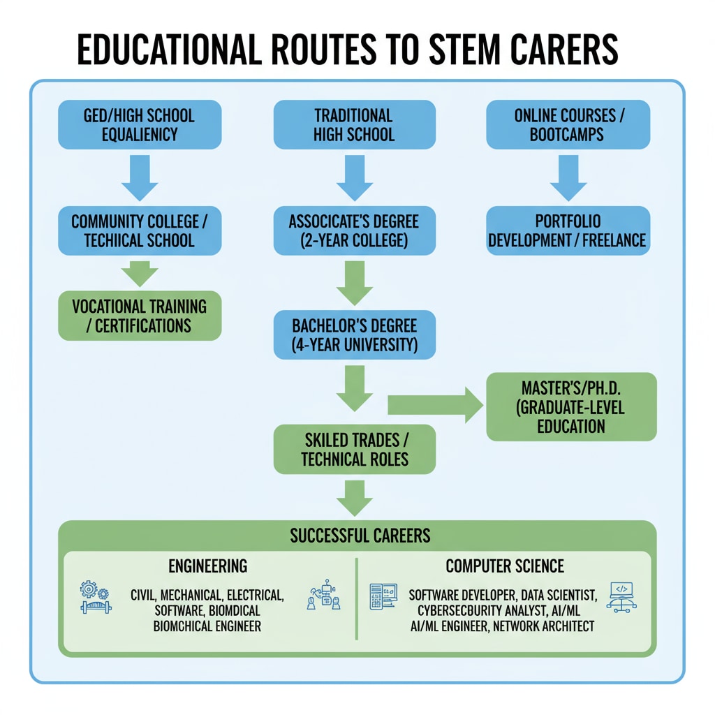 A visual chart depicting various educational routes such as GED, vocational training, and traditional degrees, all leading to successful careers in engineering and computer science. Visual representation of different educational paths leading to engineering and computer science careers