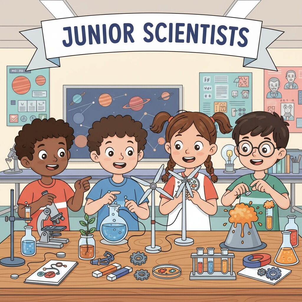 Primary school students observing science experiment setups for their science fair projects