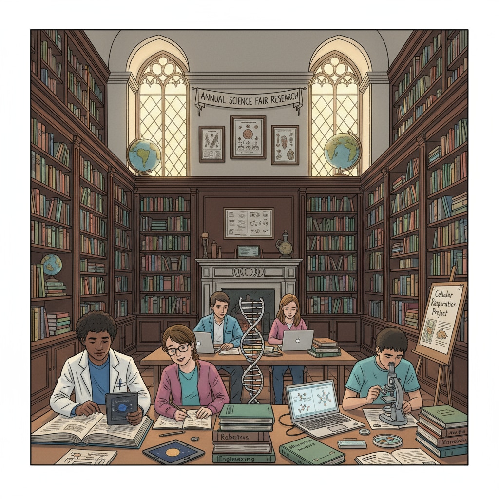 Primary school students researching science fair topics in the library