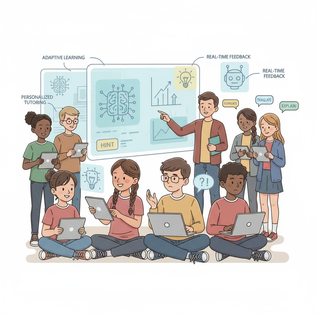 An illustration depicting students of various ages and backgrounds actively participating in video learning with the help of AI. The students are shown with different expressions of engagement, and the AI elements are represented by floating icons. Students learning through video teaching with AI assistance for enhanced accessibility.