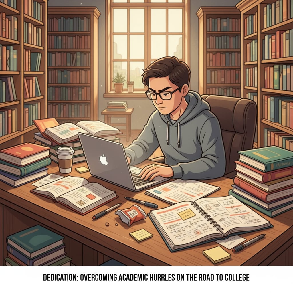 A student studying in a library to overcome academic challenges for college applications