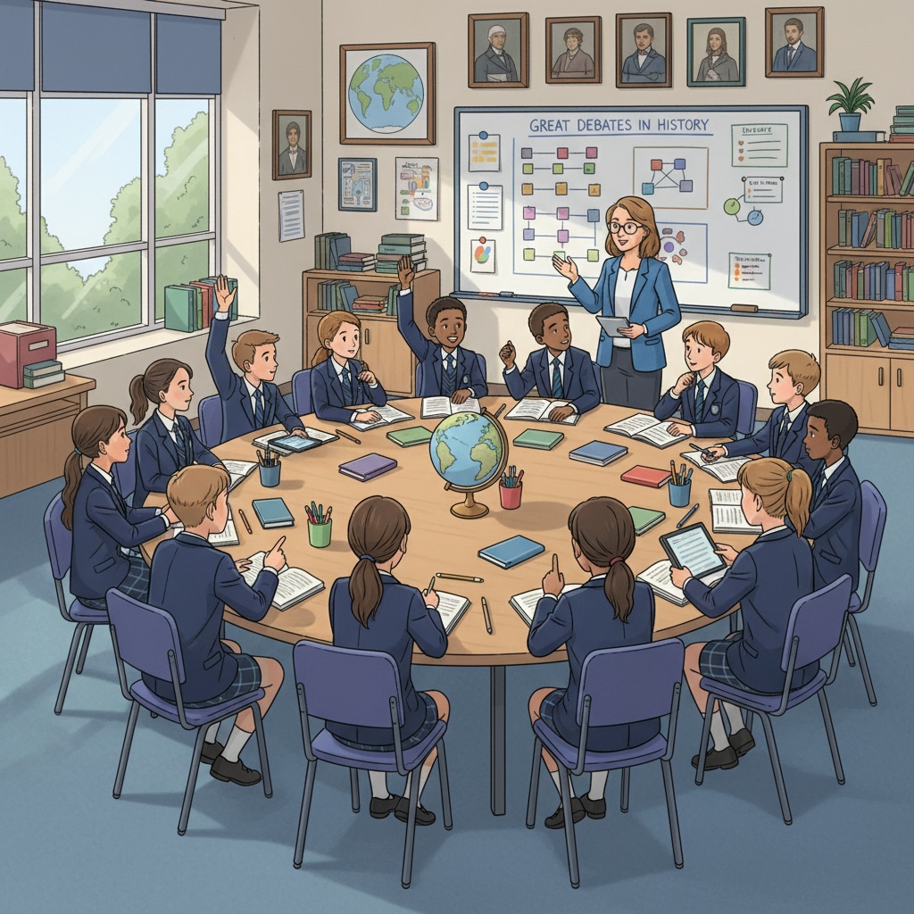 A classroom scene in a private school where students are actively participating in a discussion led by their teacher. Students in a private school classroom engaged in educational activities related to educational choices between public and private schools.