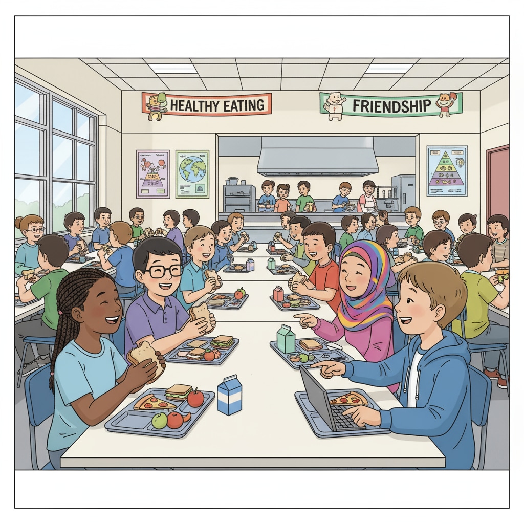 A cafeteria scene in a public school with students from different backgrounds chatting and enjoying their lunch together. Students in a public school cafeteria representing the diverse environment in public schools for children's education.