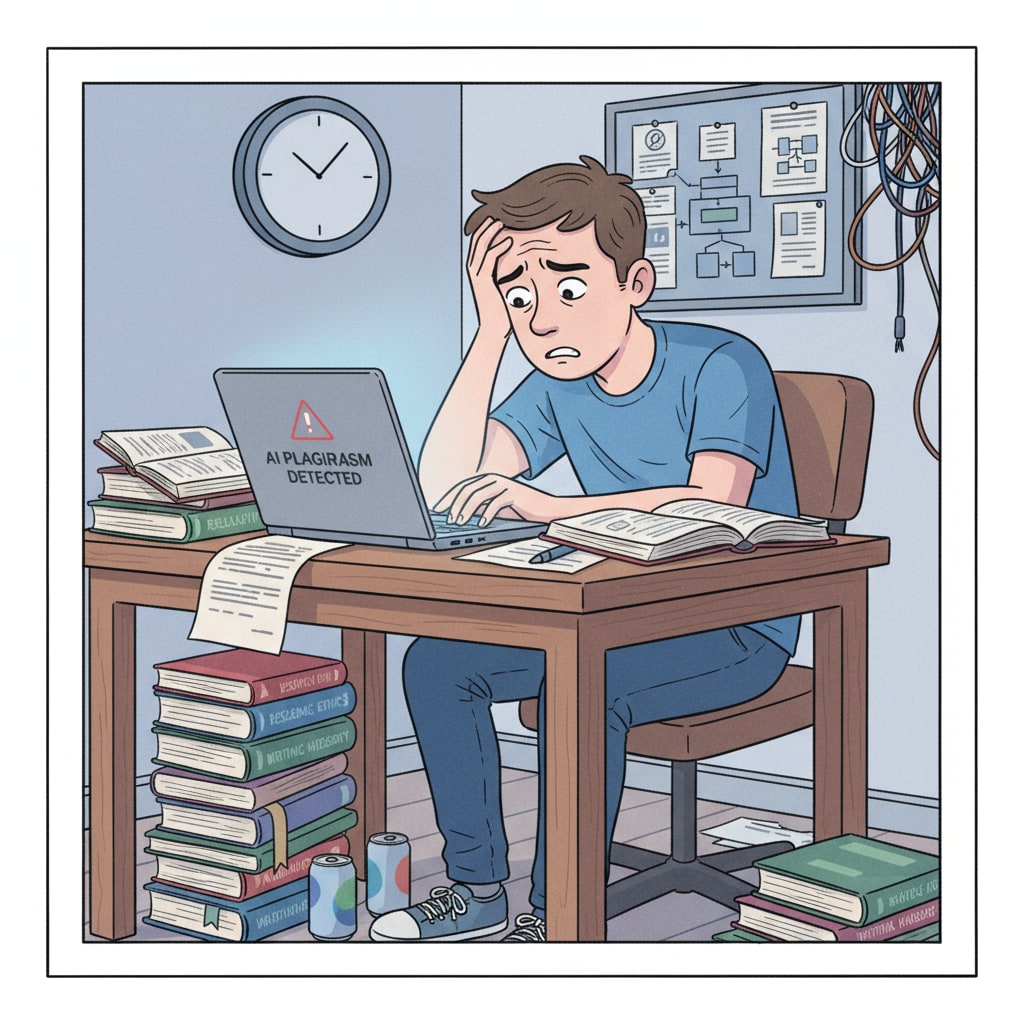 A stressed student facing AI accusations in academic work