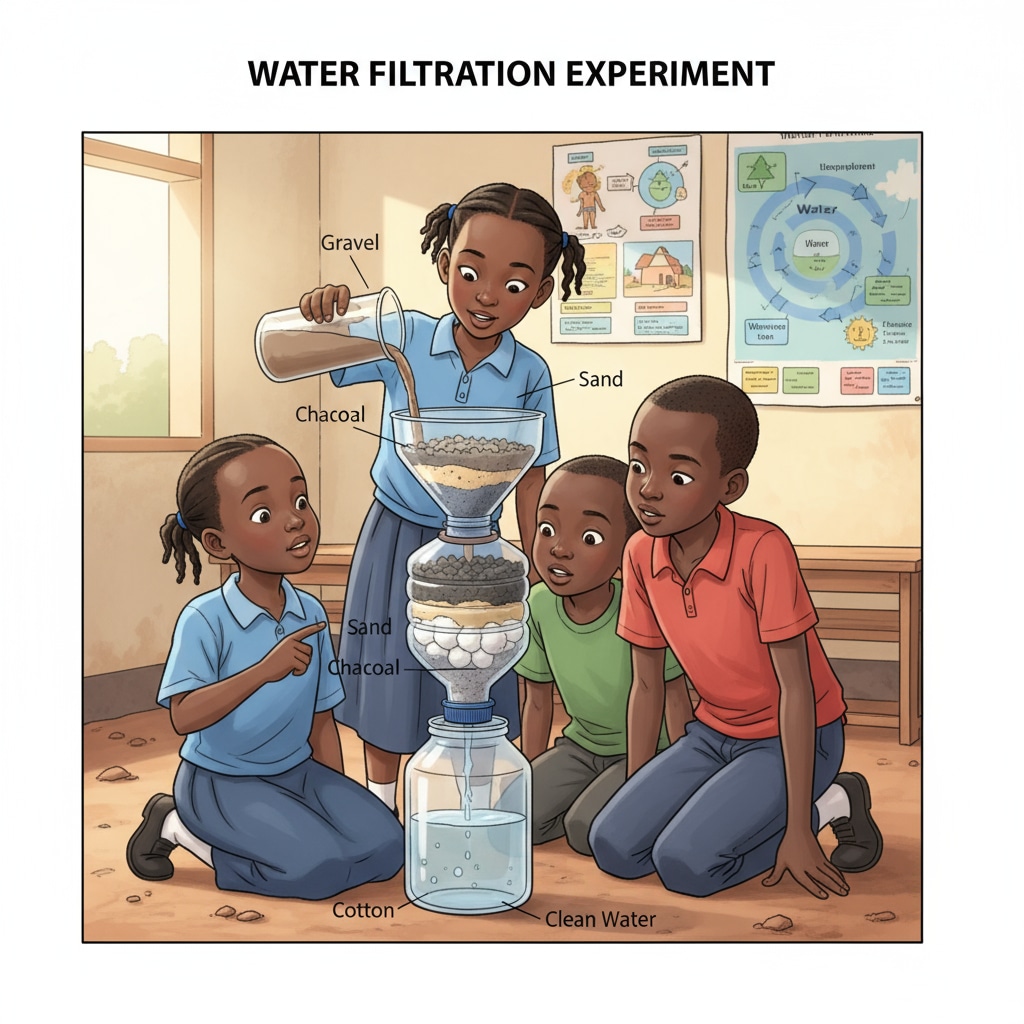 A group of Rwandan children are carefully examining a simple water filtration setup made from common materials, showing their curiosity and engagement in learning about water resources. Rwandan children exploring a water filtration setup in a resource-limited STEM project