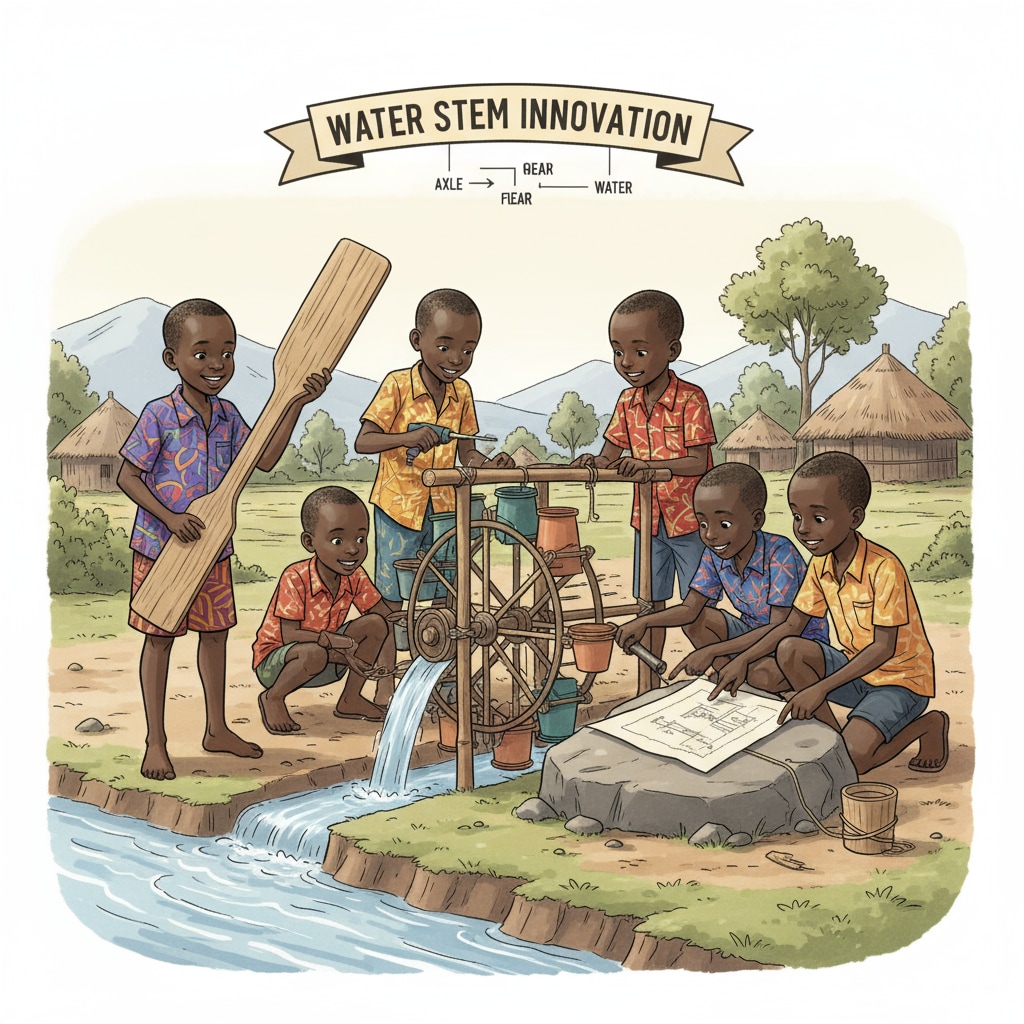 Rwandan children are collaborating to build a small water wheel, demonstrating teamwork and hands-on learning in a water-related STEM activity. Rwandan children working together on a water wheel project as part of water resources STEM education in limited resources