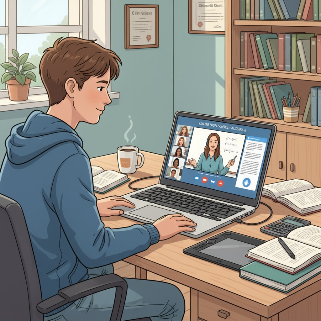 American teen studying online for high school credits as part of overseas learning and college application preparation