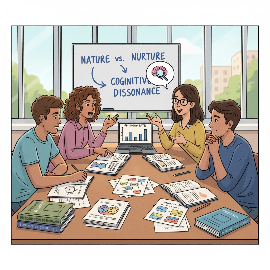 Students discussing psychology and criminology in a classroom