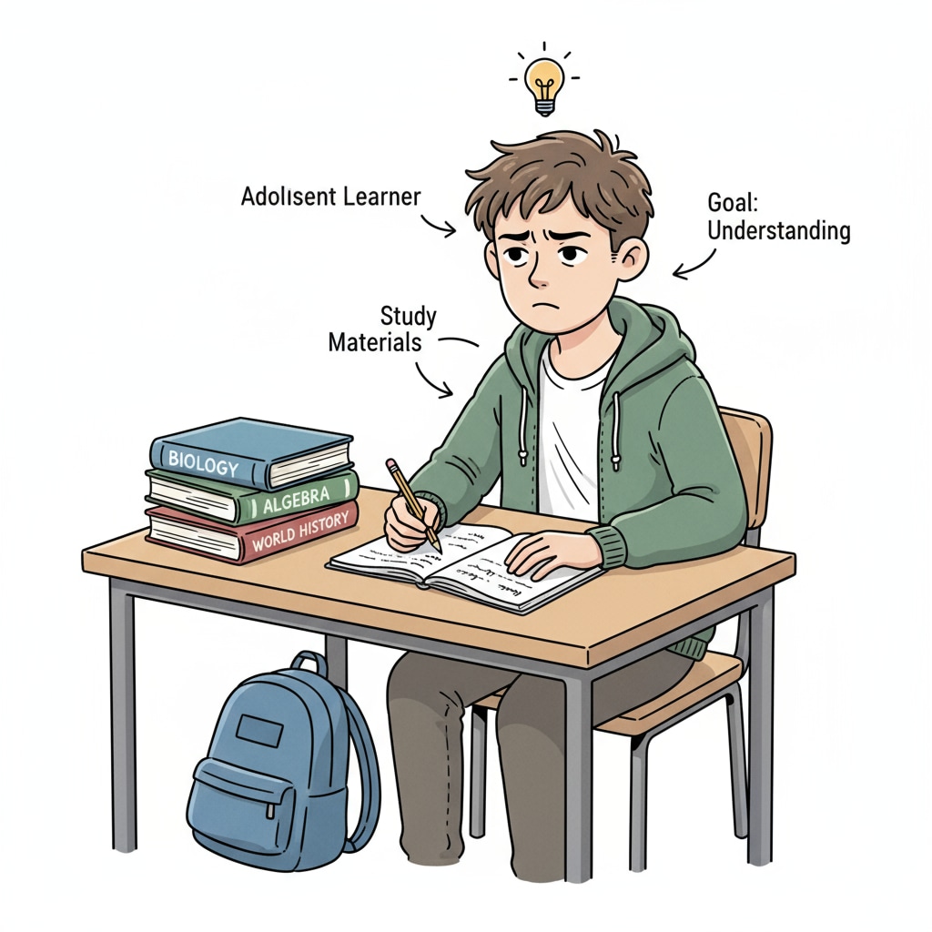 An adolescent with educational backwardness and self-discipline difficulties, potentially with ADHD, starting to focus on learning.