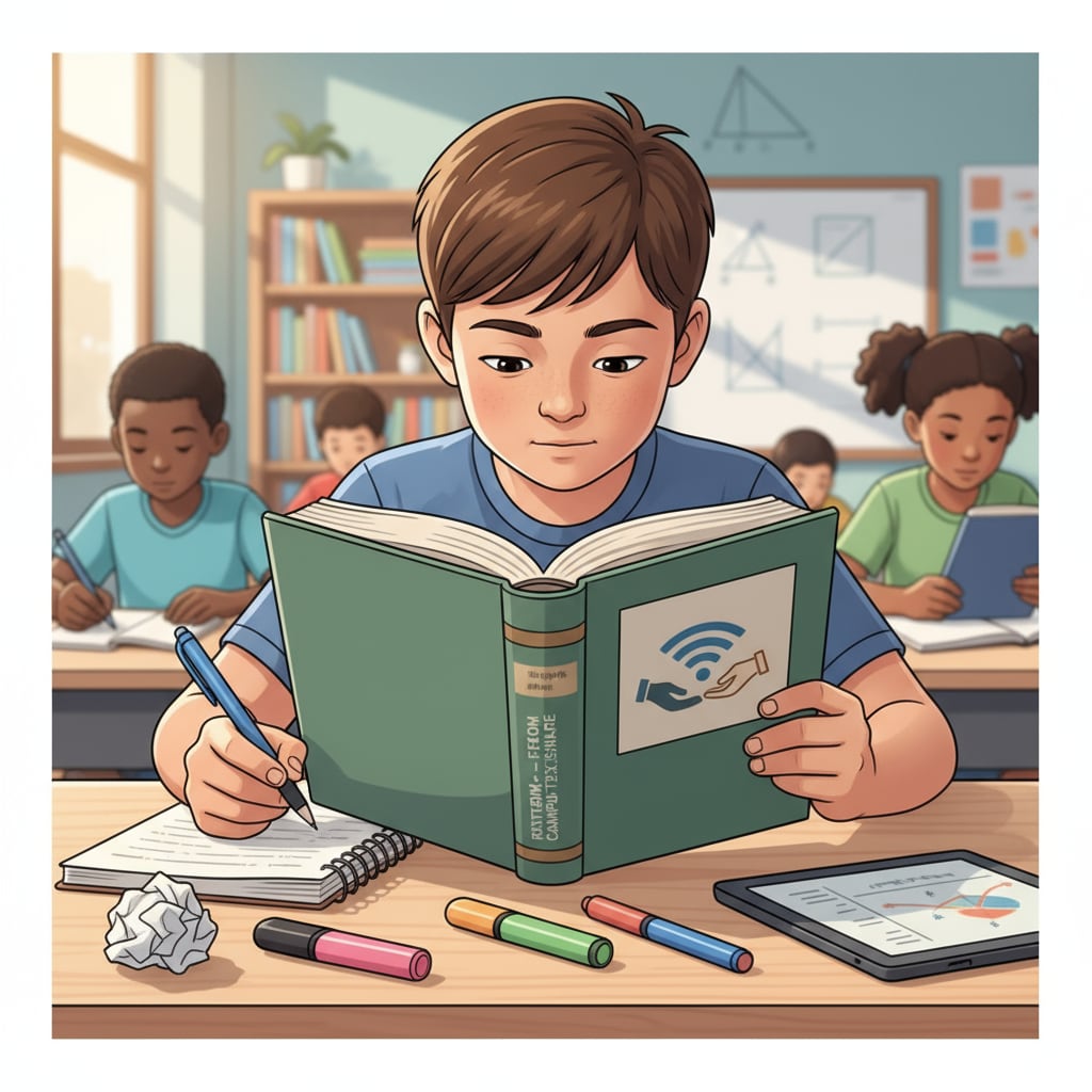 K12 student using a rented textbook from campus rental platform for extra income opportunity