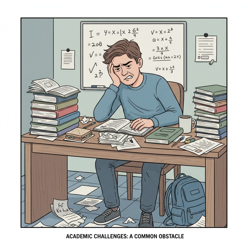 A student sitting at a desk, looking frustrated with books and papers scattered, representing academic difficulties A frustrated student at a desk with scattered books indicating academic difficulties relevant to academic expulsion, student failure, and college impact