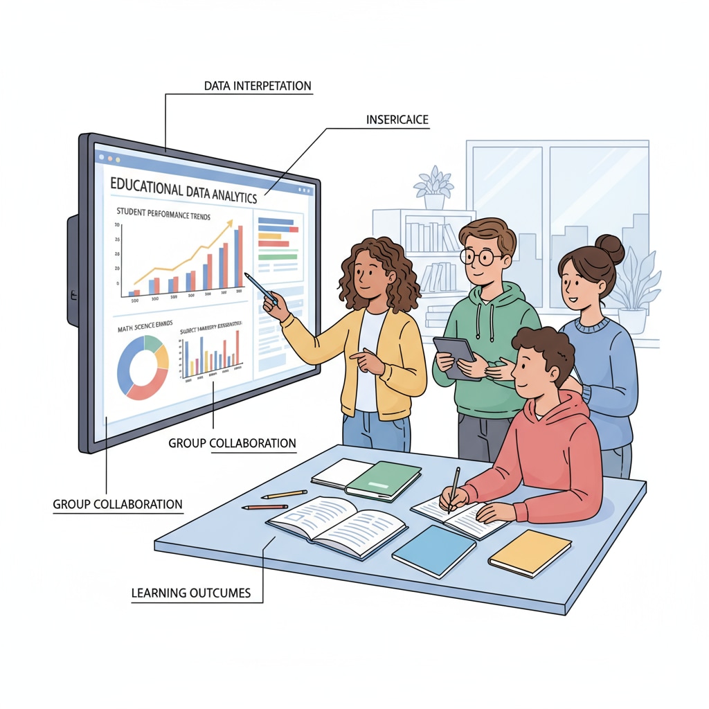 A group of students is gathered around a computer screen, analyzing educational data presented in graphs and charts. Students analyzing educational data for better teaching evaluation in graduate programs