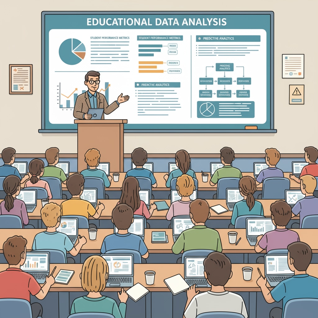 A classroom setting where students are attentively listening to a professor delivering a lecture on educational data analysis. Students learning educational data analysis techniques in a graduate program for improved teaching evaluation