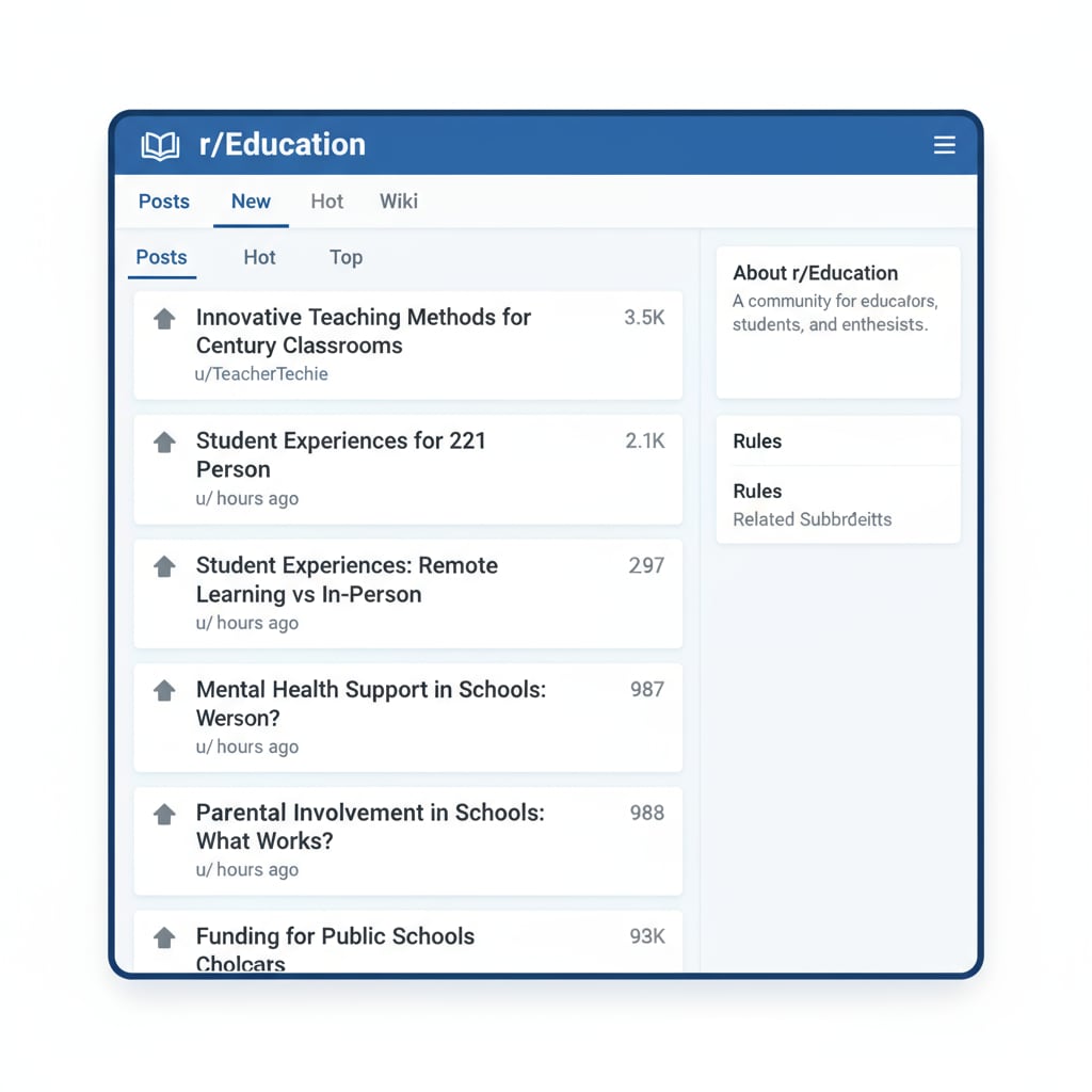 Screenshot of Reddit's r/Education subreddit page for Community Rules, Educational Networks, and Subreddit Navigation