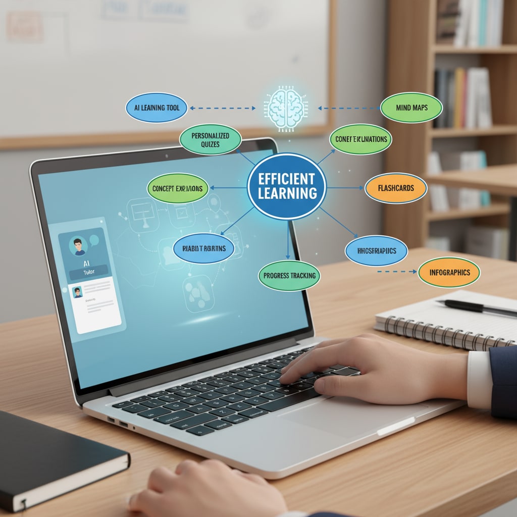 An illustration depicts a student using an AI learning tool on a laptop with a mind map shown on the screen, highlighting the combination of technology and visual learning for efficient studying. A student using AI learning tool and mind map for efficient learning