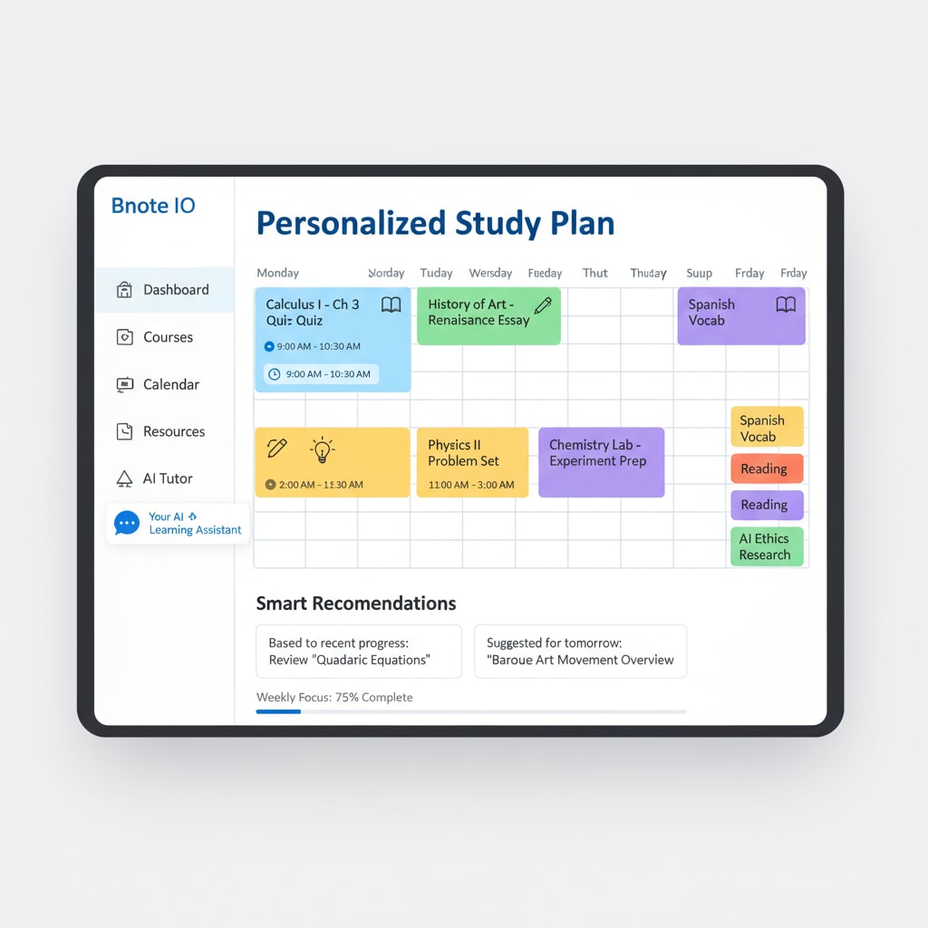 A screenshot of the Bnote IO interface displays personalized study plans, demonstrating how an AI learning tool can assist students in organizing their study time and resources. Bnote IO interface showing personalized study plans for efficient learning