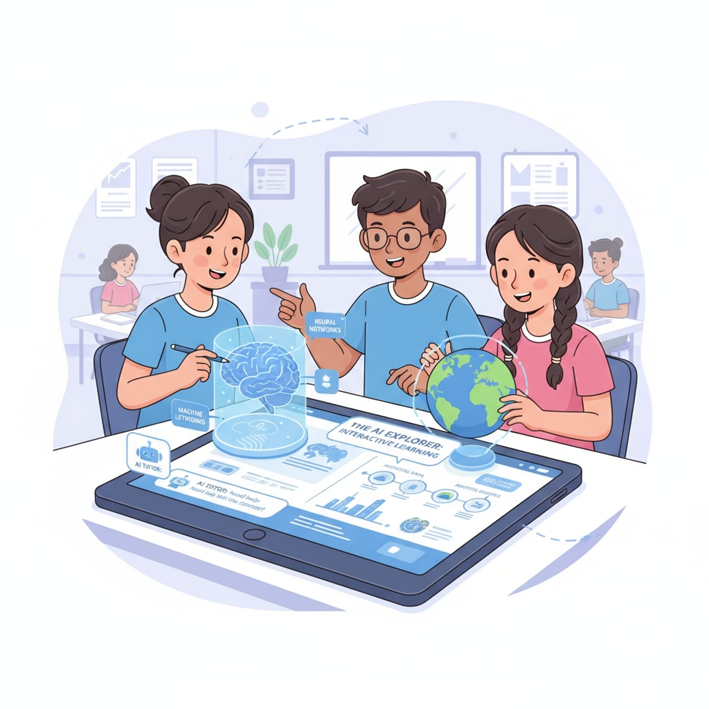 Students interacting with AI textbook on tablet for interactive learning and educational innovation