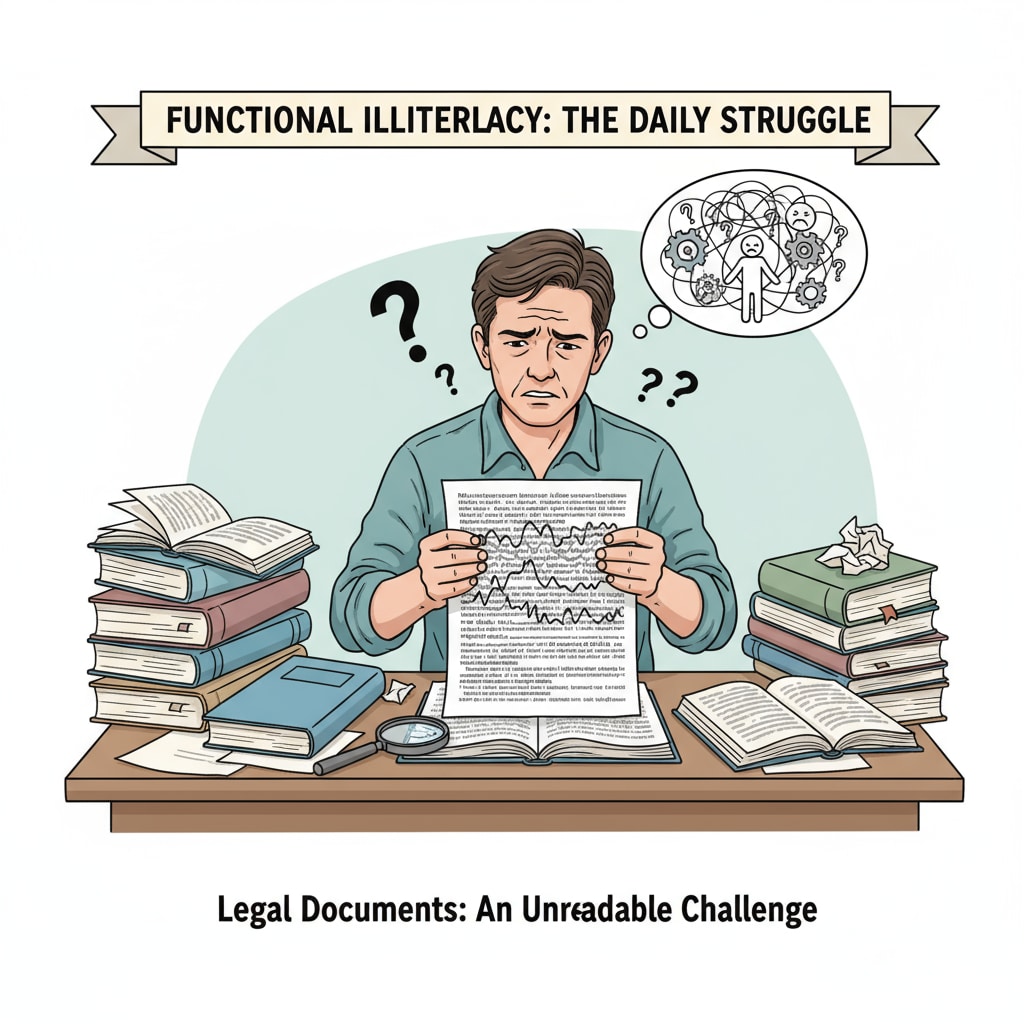 Person facing difficulties with a legal document due to functional illiteracy in the education crisis