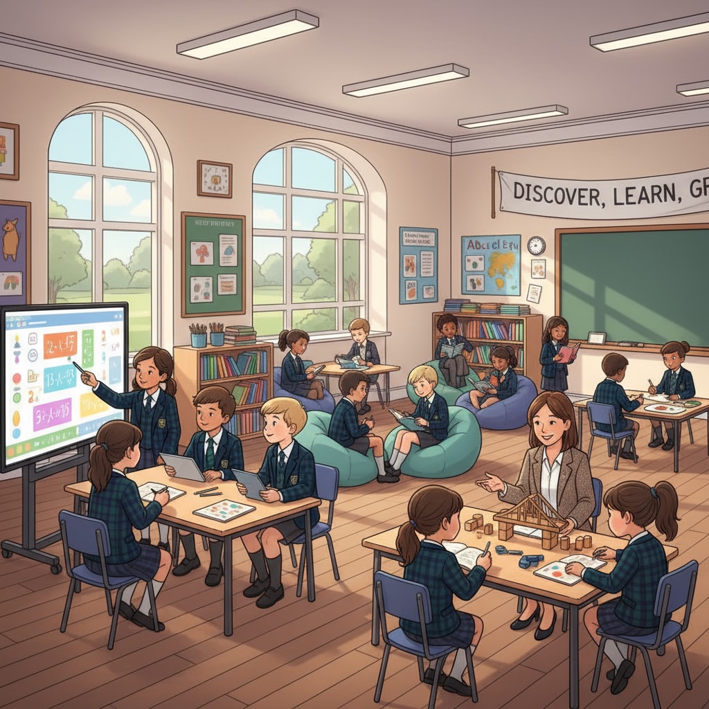 Students in a UK private primary school classroom related to private schools, scholarships, and British education