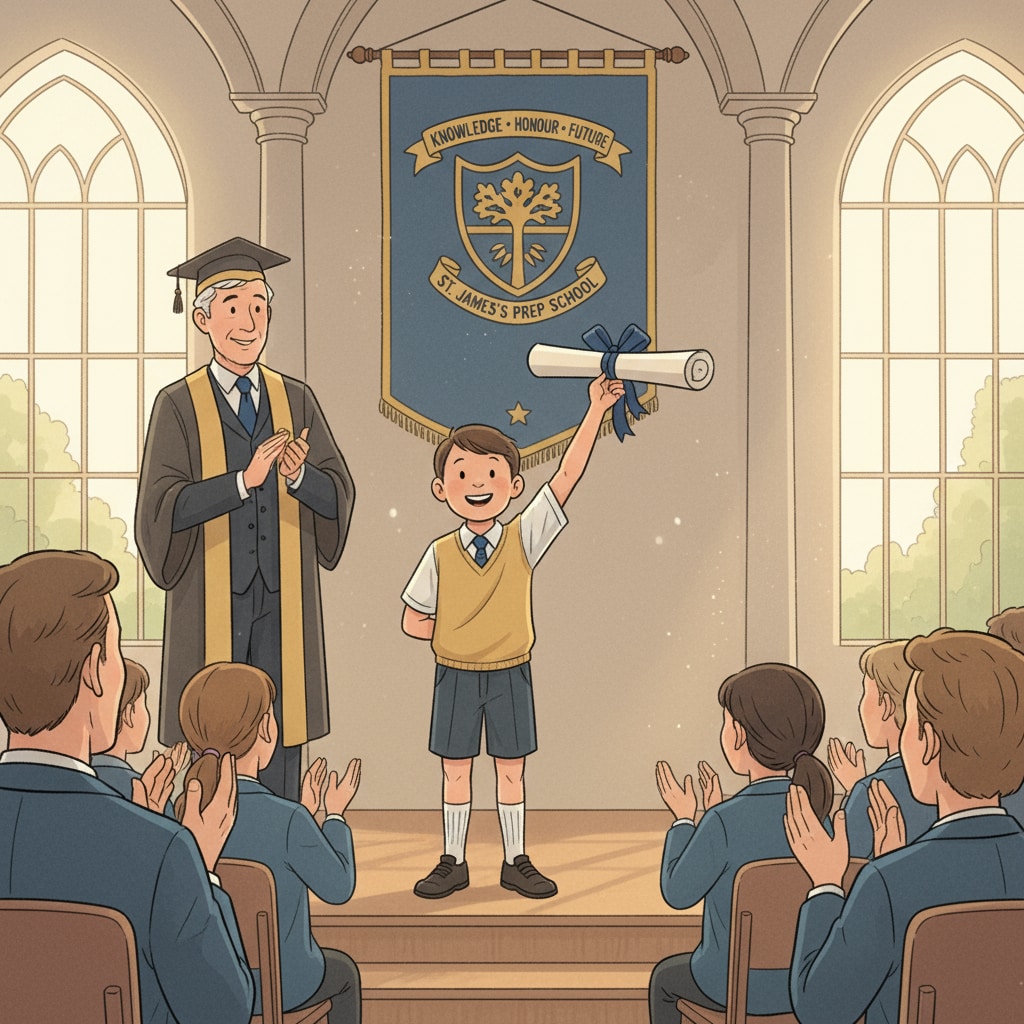 A child getting an academic scholarship in a UK private primary school relevant to private schools, scholarships, and British education