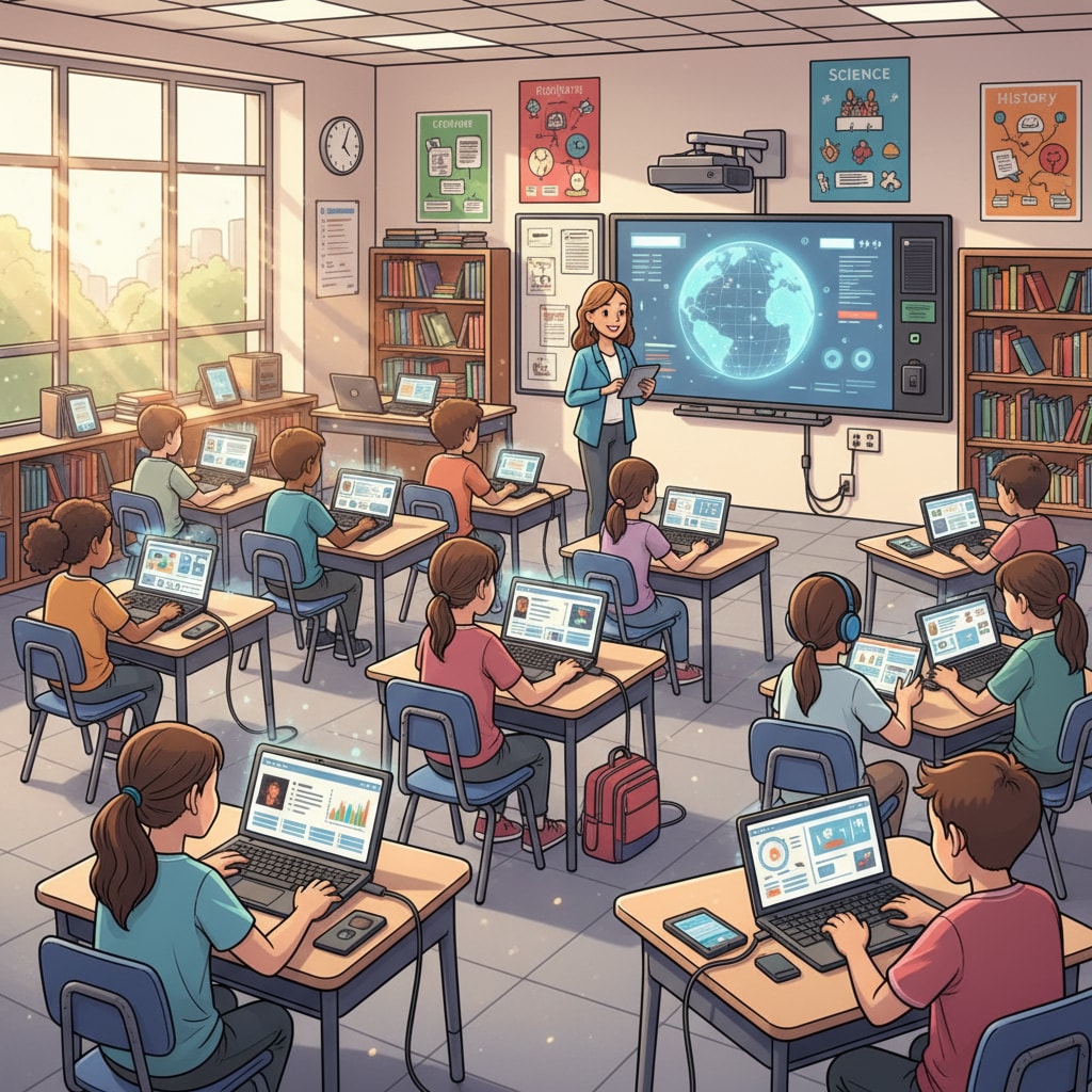 Middle school students engaged in digital learning during the post-pandemic era