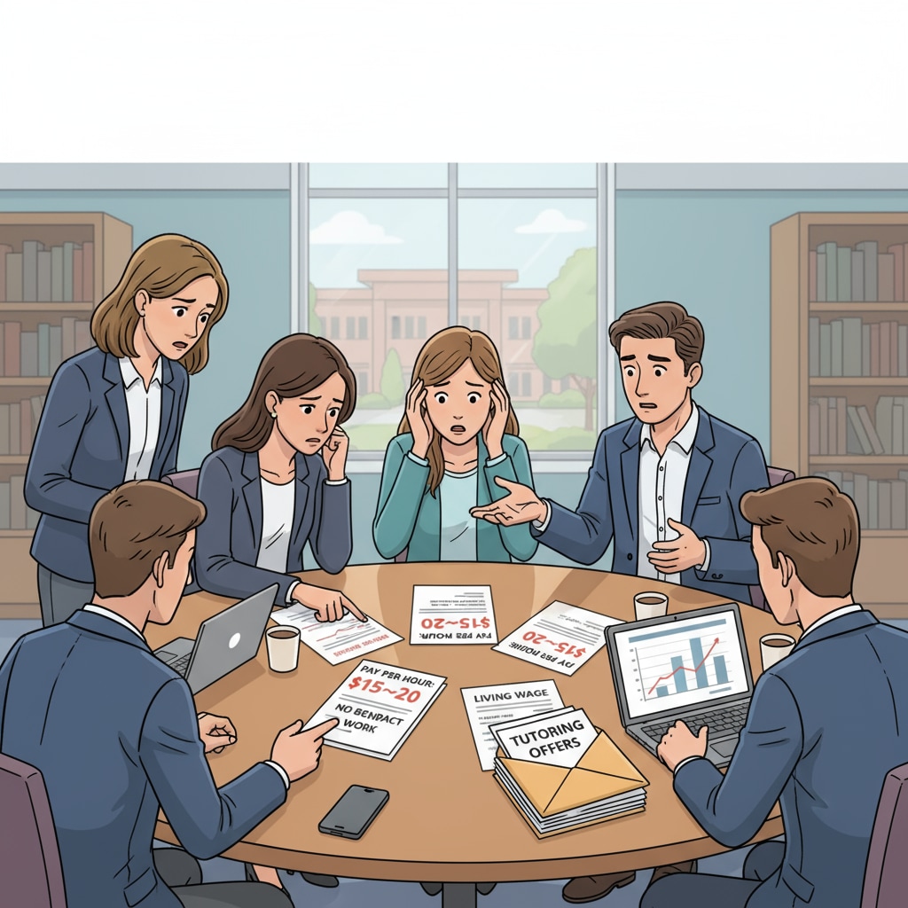 University graduates discussing low - paid tutoring job offers