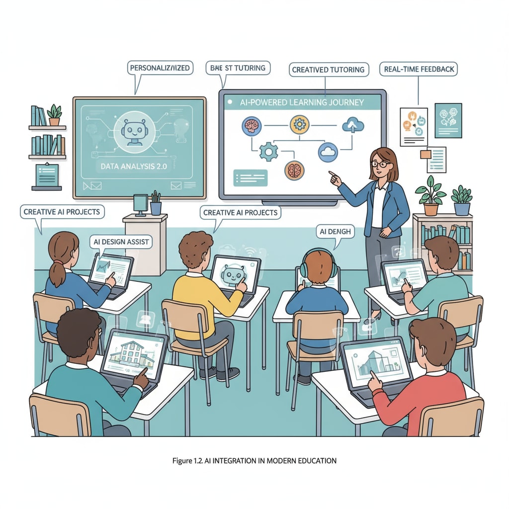 A classroom scene where students are using AI tools on their devices to learn. Students using AI in education for learning, related to grade inflation and educational assessment.