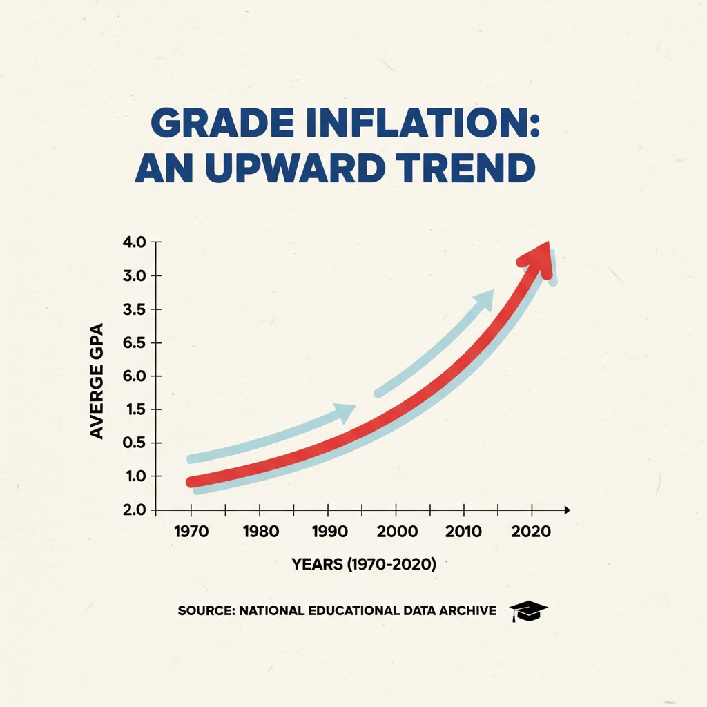 A graph presenting the upward trend of grade inflation in educational institutions over the years. Graph showing grade inflation in education, relevant to AI's impact on educational assessment.