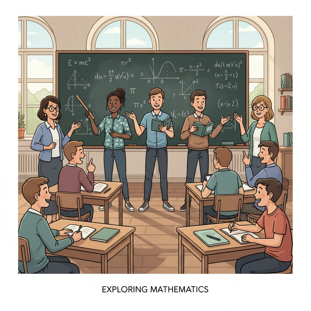 Students with mathematical talent discussing problems in a European classroom