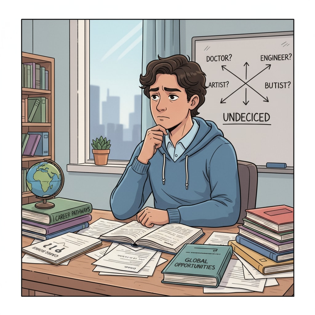 A 17-year-old immigrant teen sitting at a desk, looking pensive about his career choice. He has books and papers around him, indicating his confusion in making a decision regarding his future. A 17-year-old immigrant teen facing the dilemma of forced career choices, which may lead to father-son conflicts and considerations of a military career.