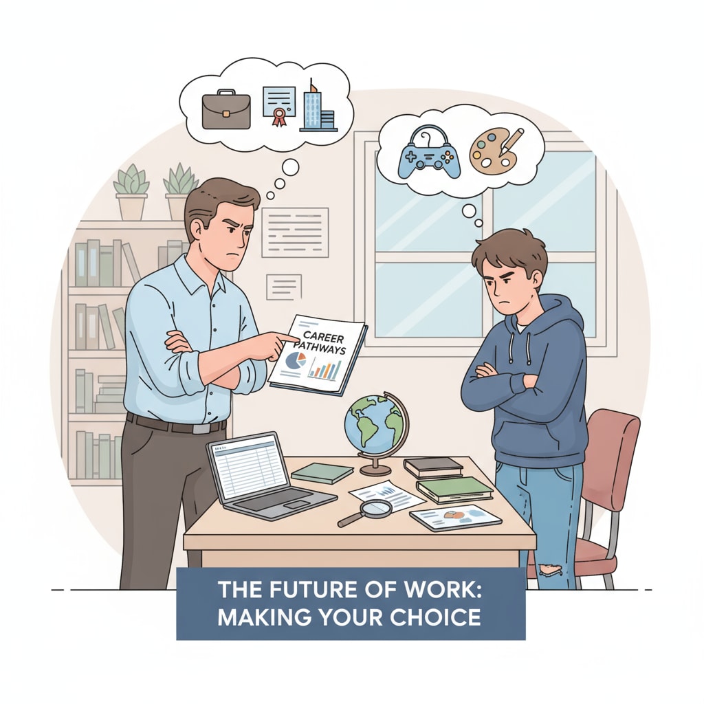 A parent and teen having a serious conversation about career choice. The parent has a firm expression, while the teen looks a bit frustrated, showing the potential conflict in the discussion. A father and son in conflict over career choice, representing the broader issue of forced career choices and its relation to military careers.