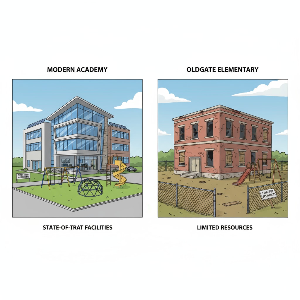 A visual comparison of two schools. One school has modern architecture, a large and well-maintained playground with new swings and slides, and a building filled with state-of-the-art equipment. The other school has old, crumbling buildings, a small and unkempt playground, and limited resources visible from the outside. Comparison of schools in affluent and low-income areas highlighting resource disparities