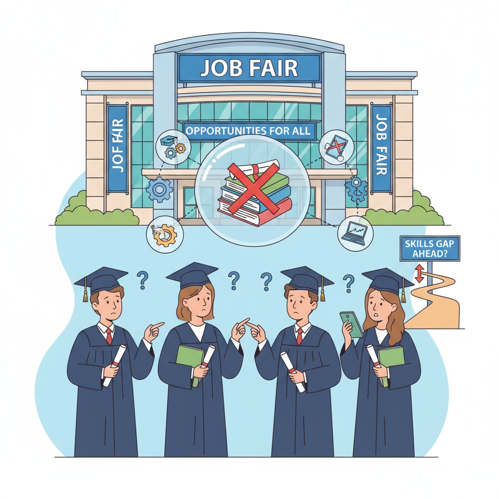 A group of graduates holding their diplomas, looking a bit confused as they stand in front of a job fair venue. This scene depicts the current situation where graduates are unsure about the value of their degrees in the job market. Graduates at a job fair, uncertain about the value of their university degrees in the employment market