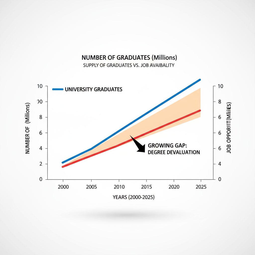 A graph showing the increasing number of university graduates over the years and the corresponding change in job opportunities. This graph visually represents the relationship between the supply of graduates and job availability, highlighting the issue of degree devaluation. Graph showing the relationship between the number of university graduates and job opportunities, related to the value of degrees in employment