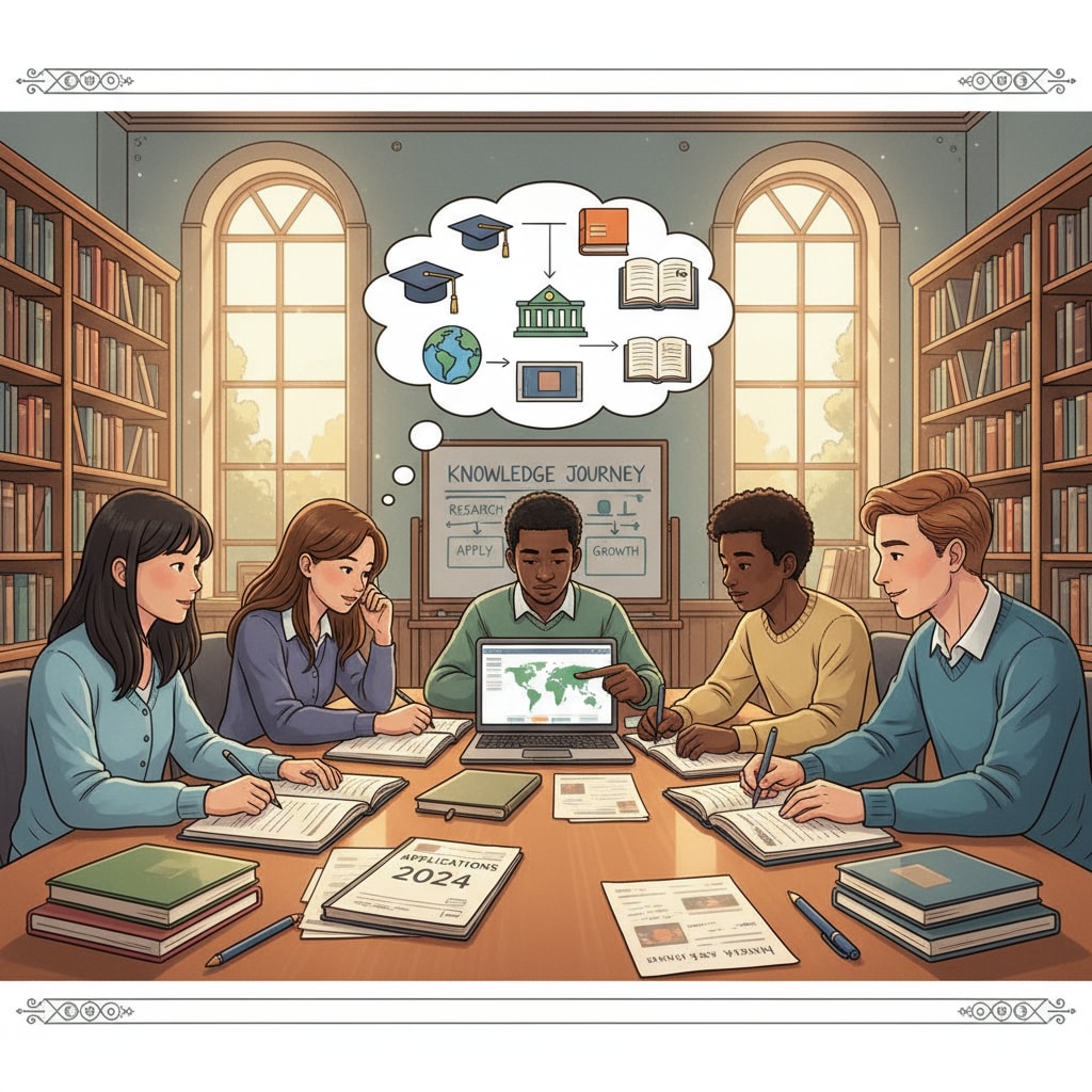 International students in a library related to university applications, scholarships, and extracurricular activities