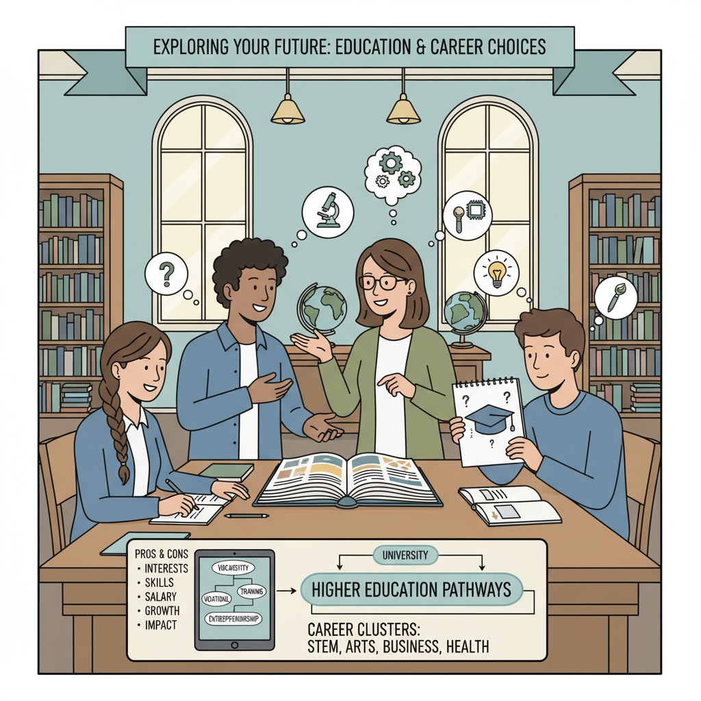 Students discussing education upgrade and career choices in a library