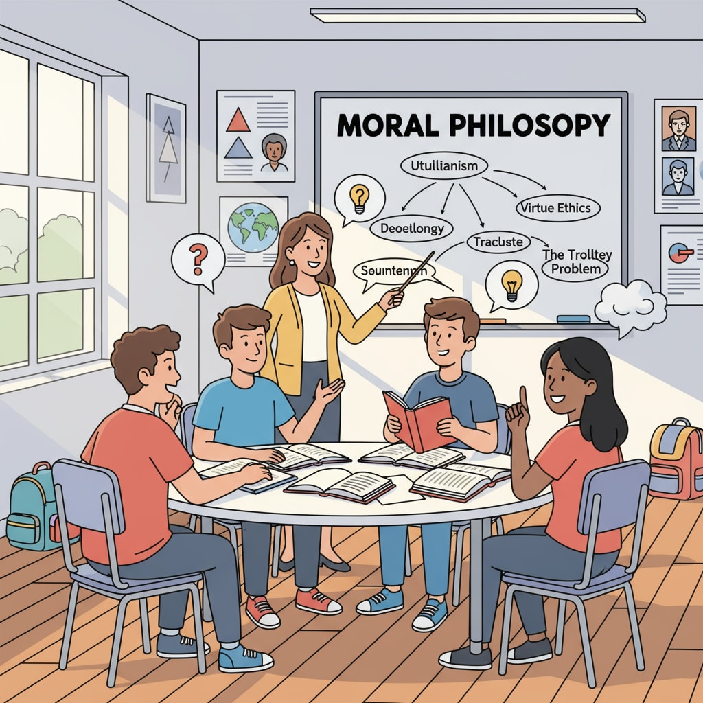 A classroom scene where students are having an animated discussion about moral philosophy concepts. Students discussing moral philosophy in a classroom setting related to ethics, empathy, and education.