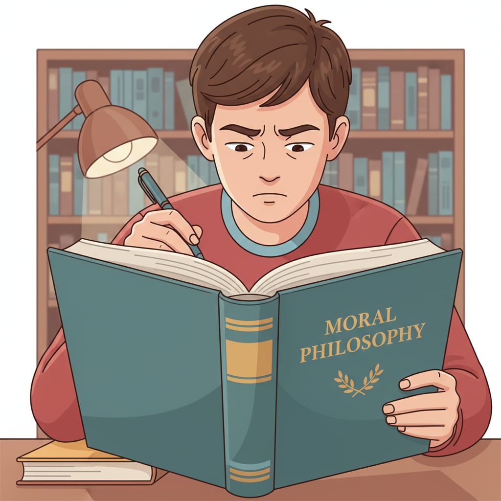 A close-up of a student deeply engrossed in reading a book with moral philosophy written on its cover. A student reading a moral philosophy book, highlighting the connection to ethics, empathy, and education.