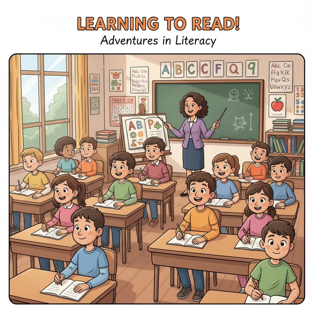 A group of 13 - 14-year-old adolescents sitting in a classroom, with eager expressions on their faces, ready to learn basic literacy skills. The teacher is standing in front, holding teaching materials. Adolescents learning basic literacy in a classroom